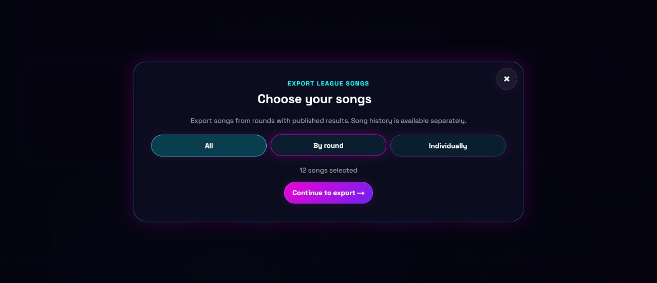 Song export selector offering all songs, one round or individual tracks