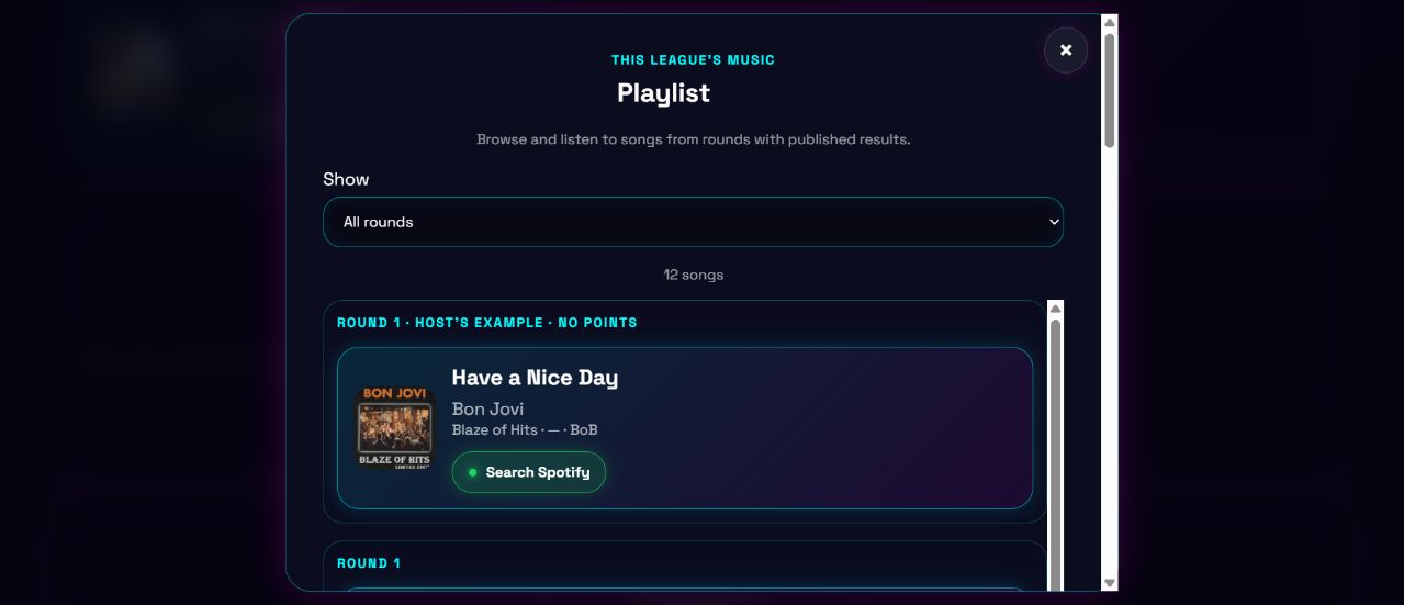 Song history in Track Battle, with round filters, cover art and listening links