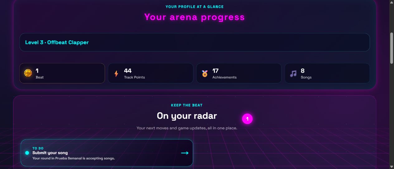 Track Battle home screen showing points, achievements and pending actions