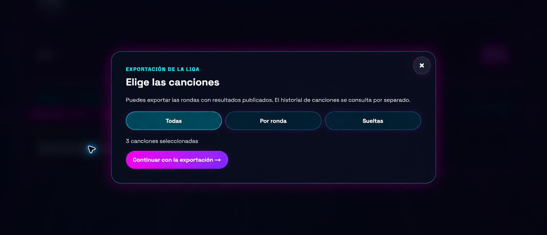 Selector de exportación musical con opciones para todas las canciones, por ronda o canciones sueltas
