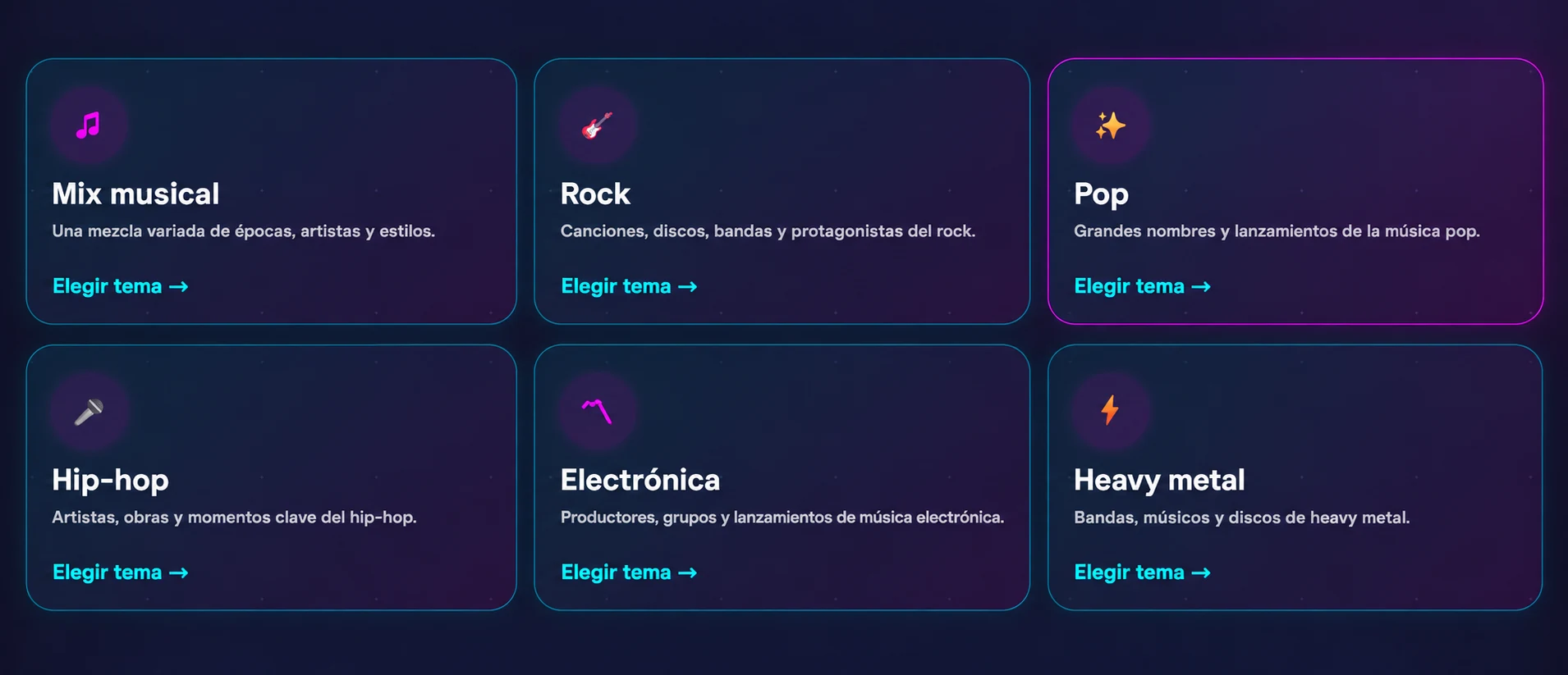 Categorías reales del quiz musical de Track Battle, como rock, pop y hip-hop